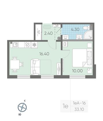 Продажа 1-комнатной квартиры 33,1 м², 1/16 этаж