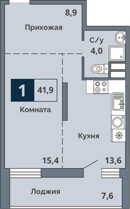 41,9 м², 1-комн. квартира, 3/15 этаж