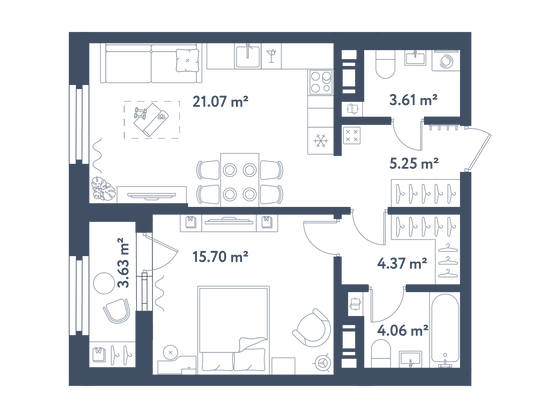 55,9 м², 1-комн. квартира, 6/11 этаж