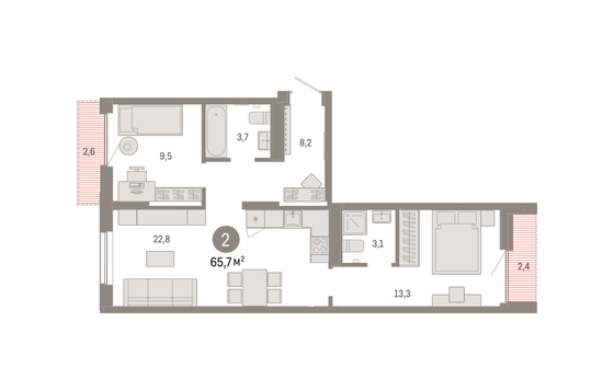 65,7 м², 2-комн. квартира, 6/9 этаж