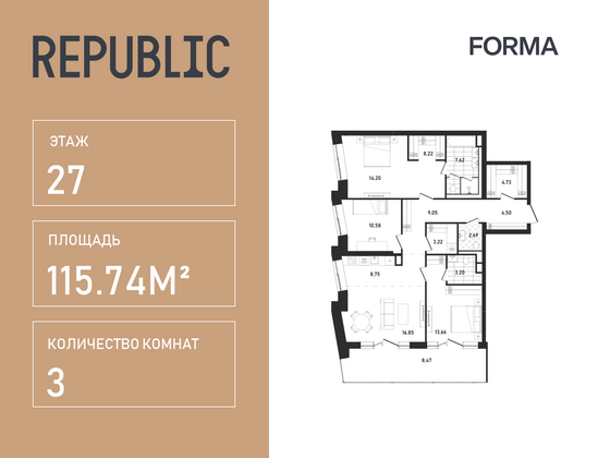 115,7 м², 3-комн. квартира, 27/33 этаж