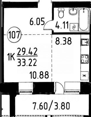 Продажа 1-комнатной квартиры 33,2 м², 2/7 этаж