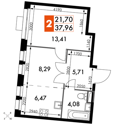 38 м², 2-комн. квартира, 8/15 этаж