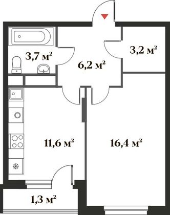 42,4 м², 1-комн. квартира, 2/6 этаж