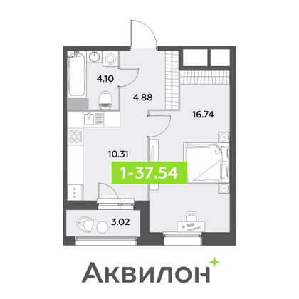 37,5 м², 1-комн. квартира, 9/12 этаж