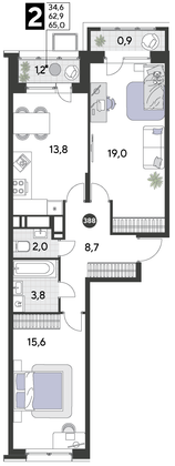 Продажа 2-комнатной квартиры 65 м², 16/21 этаж