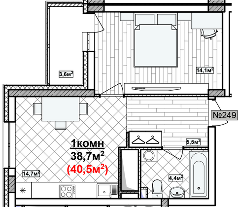 Продажа 1-комнатной квартиры 40,5 м², 15/19 этаж
