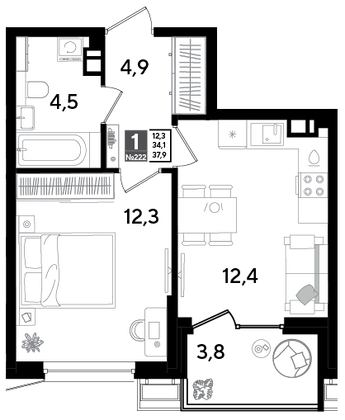 Продажа 1-комнатной квартиры 37,9 м², 9/9 этаж