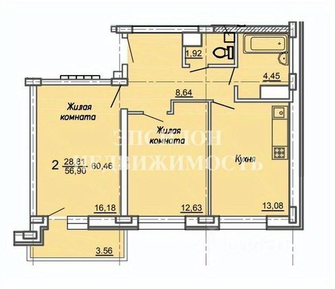 Продажа 2-комнатной квартиры 60,5 м², 3/18 этаж