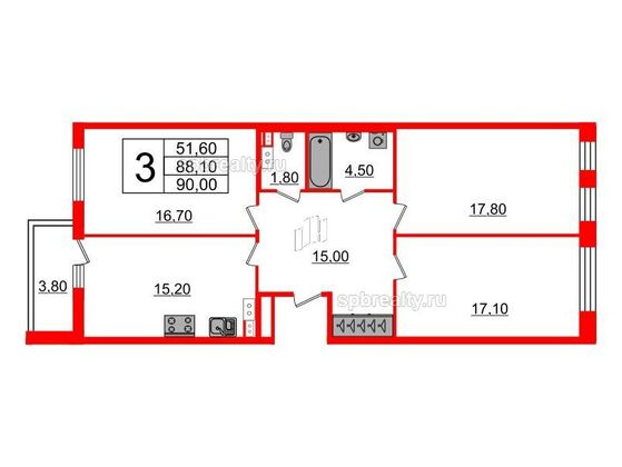 Продажа 3-комнатной квартиры 87,1 м², 6/10 этаж