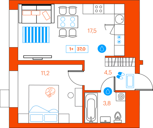 37 м², 1-комн. квартира, 15/21 этаж