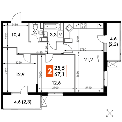 67,1 м², 2-комн. квартира, 21/22 этаж