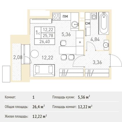 Продажа квартиры-студии 26,4 м², 11/17 этаж