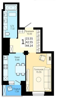 Продажа 1-комнатной квартиры 44,1 м², 23/25 этаж