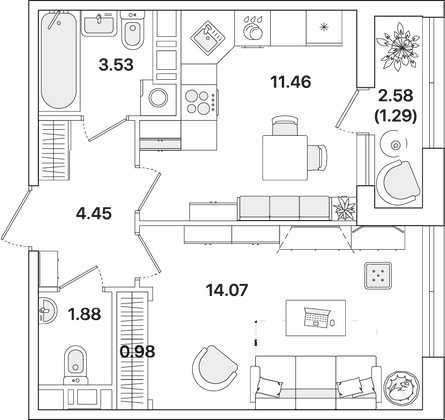 37,7 м², 1-комн. квартира, 5/12 этаж