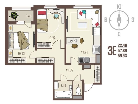 59,6 м², 2-комн. квартира, 2/17 этаж