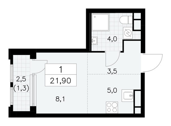 21,9 м², 1-комн. квартира, 16/30 этаж