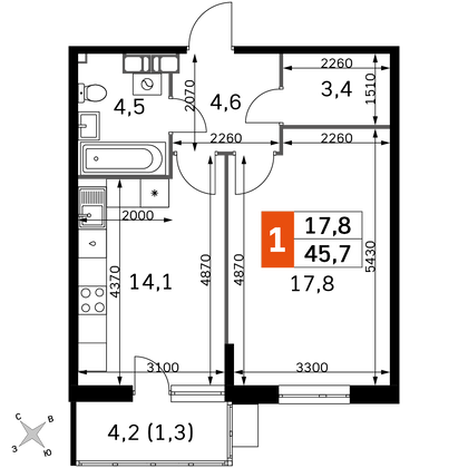 45,7 м², 1-комн. квартира, 8/22 этаж