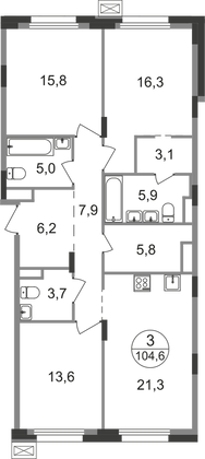 104,6 м², 3-комн. квартира, 6/9 этаж