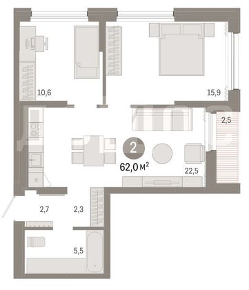 Продажа 2-комнатной квартиры 62 м², 4/10 этаж