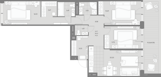 93,2 м², 3-комн. квартира, 2/8 этаж