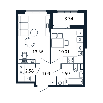 Продажа 1-комнатной квартиры 34,3 м², 2/13 этаж