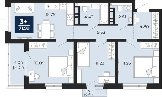 72 м², 3-комн. квартира, 10/14 этаж