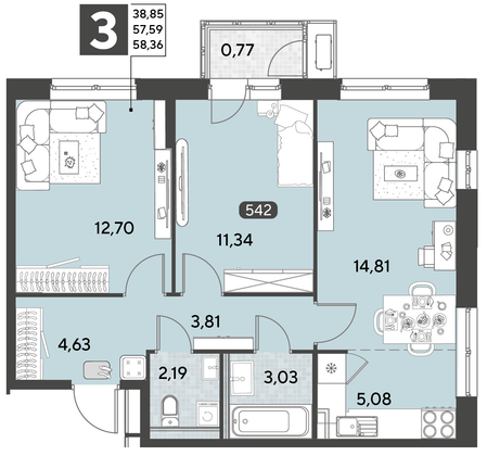 Продажа 3-комнатной квартиры 58,4 м², 21/21 этаж