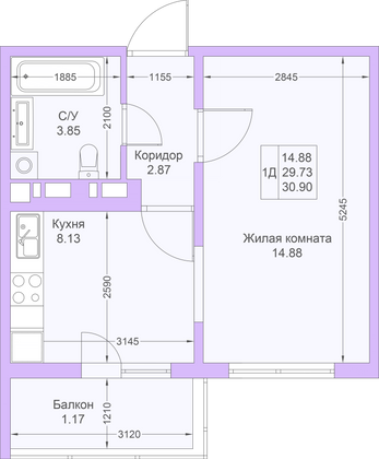 Продажа 1-комнатной квартиры 30,9 м², 17/19 этаж