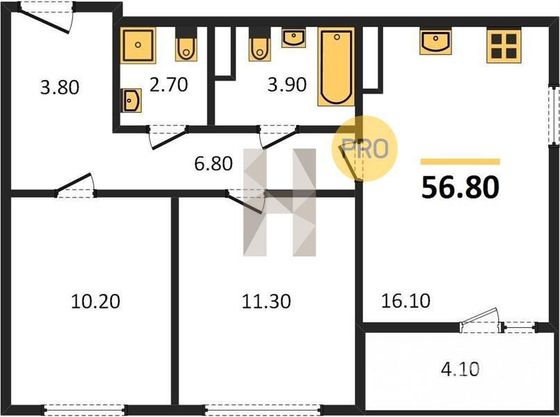 Продажа 2-комнатной квартиры 56,8 м², 21/30 этаж
