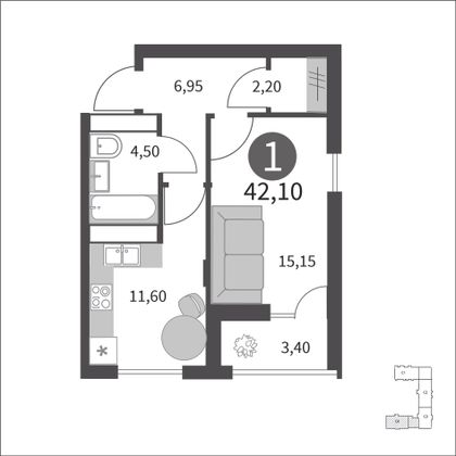 42,1 м², 1-комн. квартира, 2/15 этаж