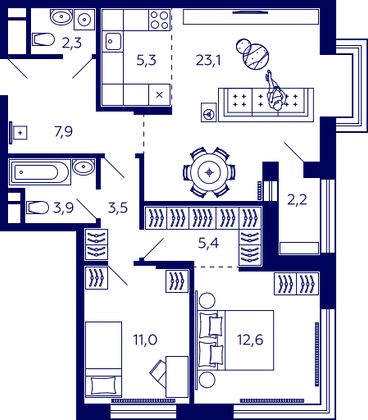 75,9 м², 2-комн. квартира, 25/31 этаж