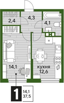 Продажа 1-комнатной квартиры 37,5 м², 6/19 этаж