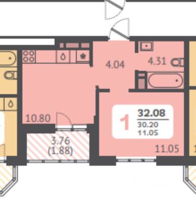 Продажа 1-комнатной квартиры 32,1 м², 2/19 этаж