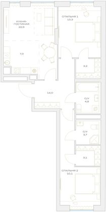 Продажа 3-комнатной квартиры 74,2 м², 16/23 этаж