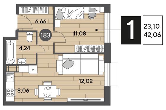 Продажа 1-комнатной квартиры 42,1 м², 9/15 этаж