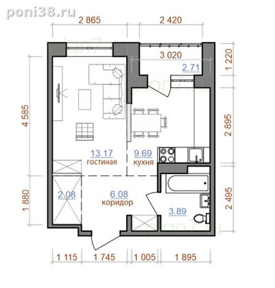 Продажа 1-комнатной квартиры 37,9 м², 3/4 этаж