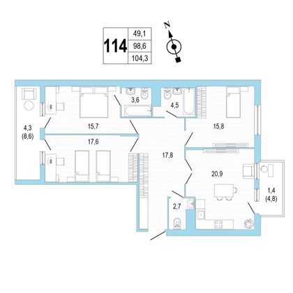 Продажа 3-комнатной квартиры 104,3 м², 5/8 этаж