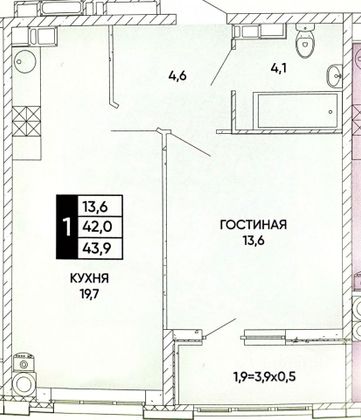 Продажа 1-комнатной квартиры 43,9 м², 17/24 этаж