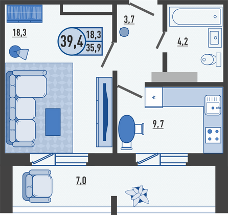 39,4 м², 1-комн. квартира, 4/17 этаж