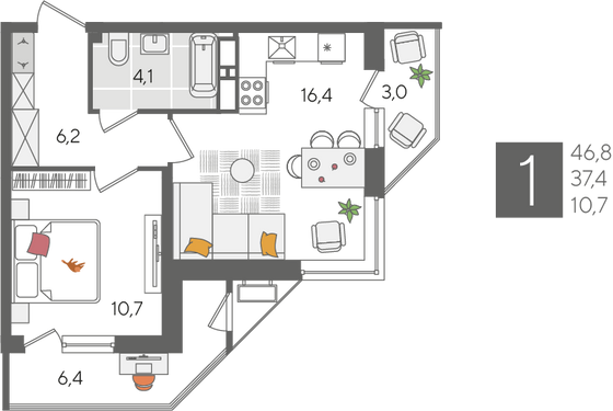 Продажа 1-комнатной квартиры 46,8 м², 24/24 этаж