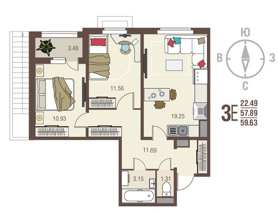 59,6 м², 2-комн. квартира, 1/17 этаж