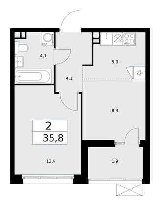 35,8 м², 2-комн. квартира, 15/15 этаж