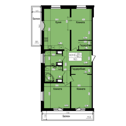 110,5 м², 3-комн. квартира, 20/23 этаж