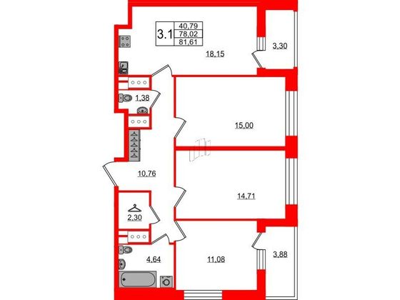Продажа 3-комнатной квартиры 78 м², 6/23 этаж