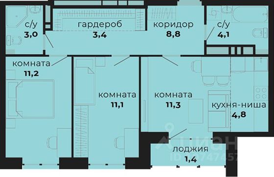 Продажа 3-комнатной квартиры 59,1 м², 14/25 этаж