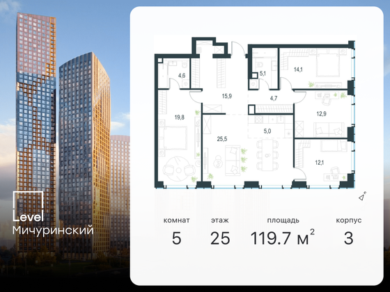 119,7 м², 5-комн. квартира, 25/30 этаж