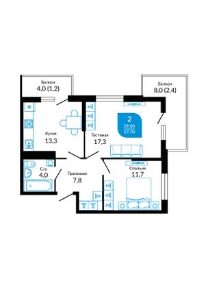 59 м², 2-комн. квартира, 1/22 этаж