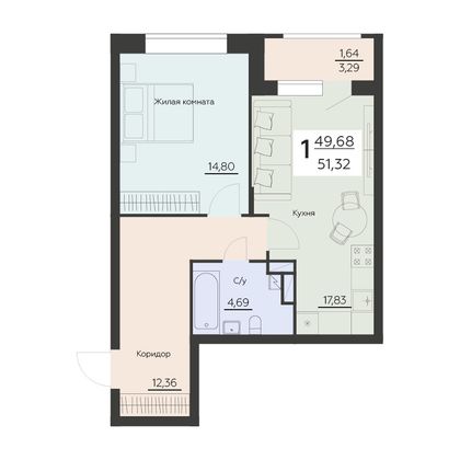 Продажа 1-комнатной квартиры 51,3 м², 6 этаж