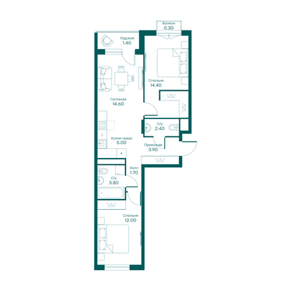 38,4 м², 2-комн. квартира, 2/6 этаж